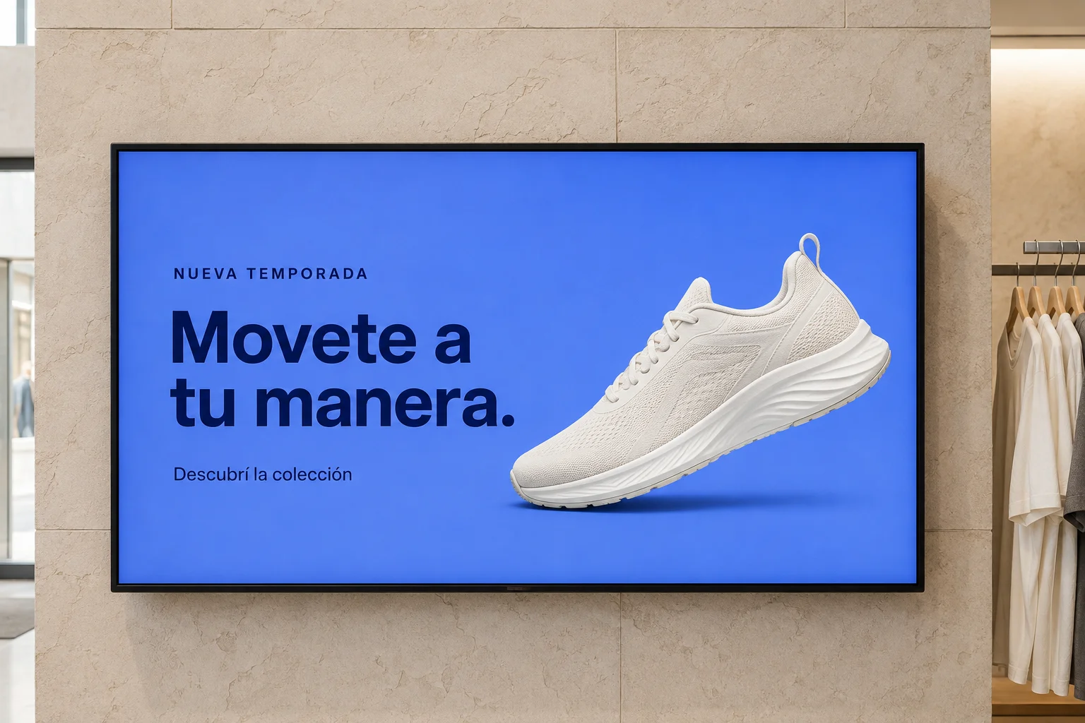 Ejemplo ilustrativo: una pantalla en un comercio muestra una promoción de calzado